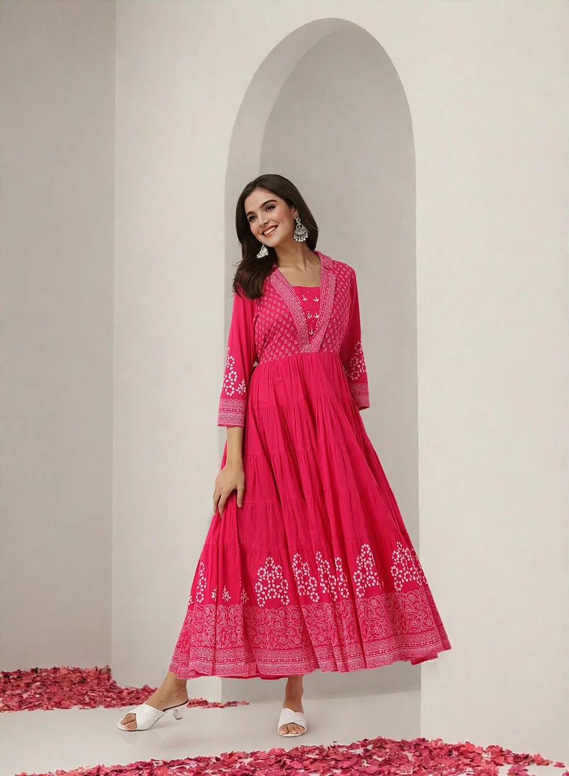 آي شين Women's Pink 100% Cotton Embellished Midi Smock Straight Fit Dress